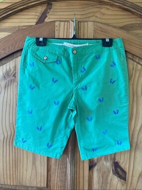 Women's Earth Rocks green blue embroidered flip flop cute long shorts size 9